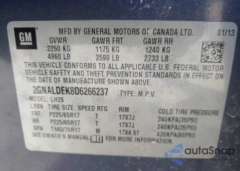 2013 Chevrolet Equinox 1Lt z USA, uszkodzony, nr VIN 2GNALDEK8D6266237